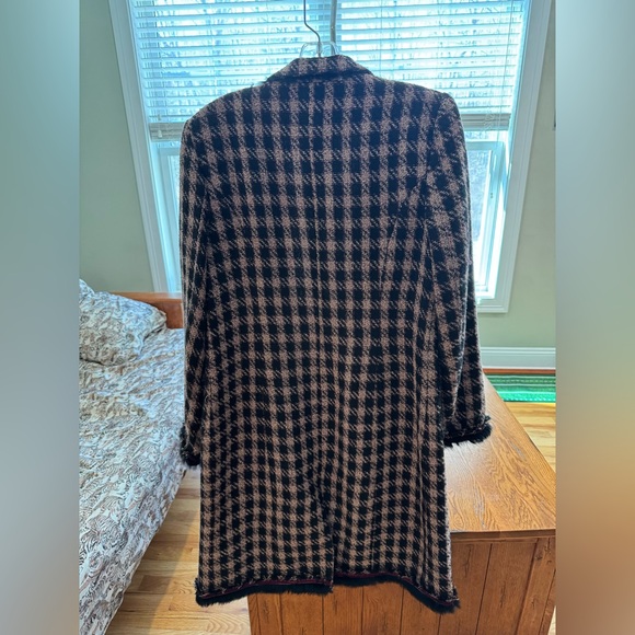 Vintage DS Essentials Faux Fur Trim Houndstooth Long Jacket Coat pink black - Picture 2 of 8